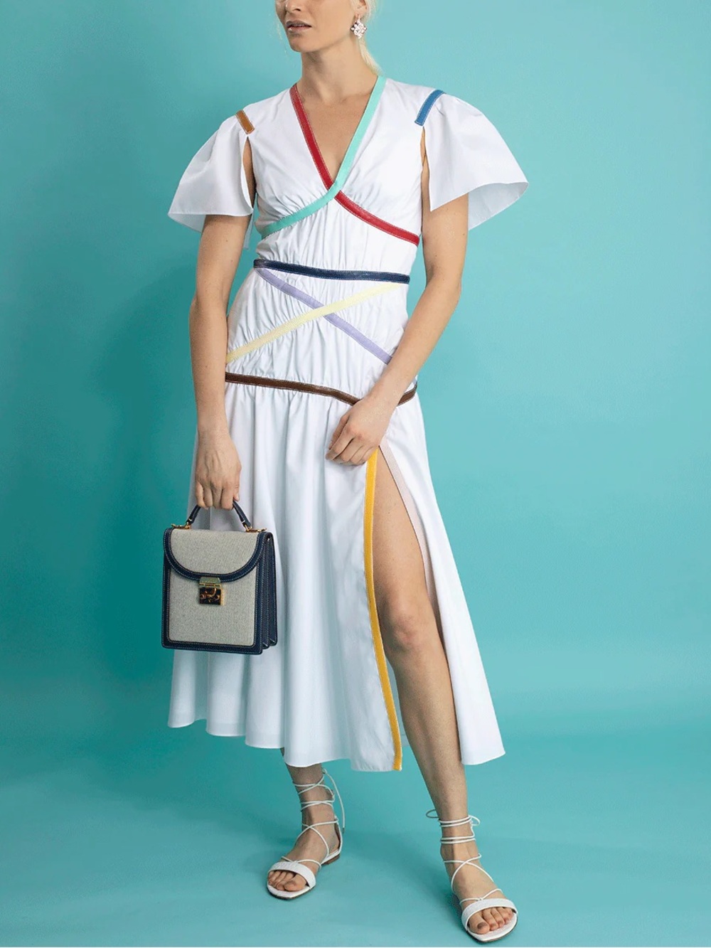 Rosie Assoulin Criss Cross Applesauce White midi Dress with Multicolor Trim